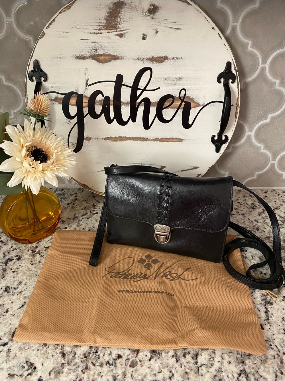 Patricia Nash Black Leather Braided Flap Crossbody